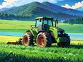 Green Tractor in Lush Farm Field with Mountain View [GenerativeAI] Royalty Free Stock Photo